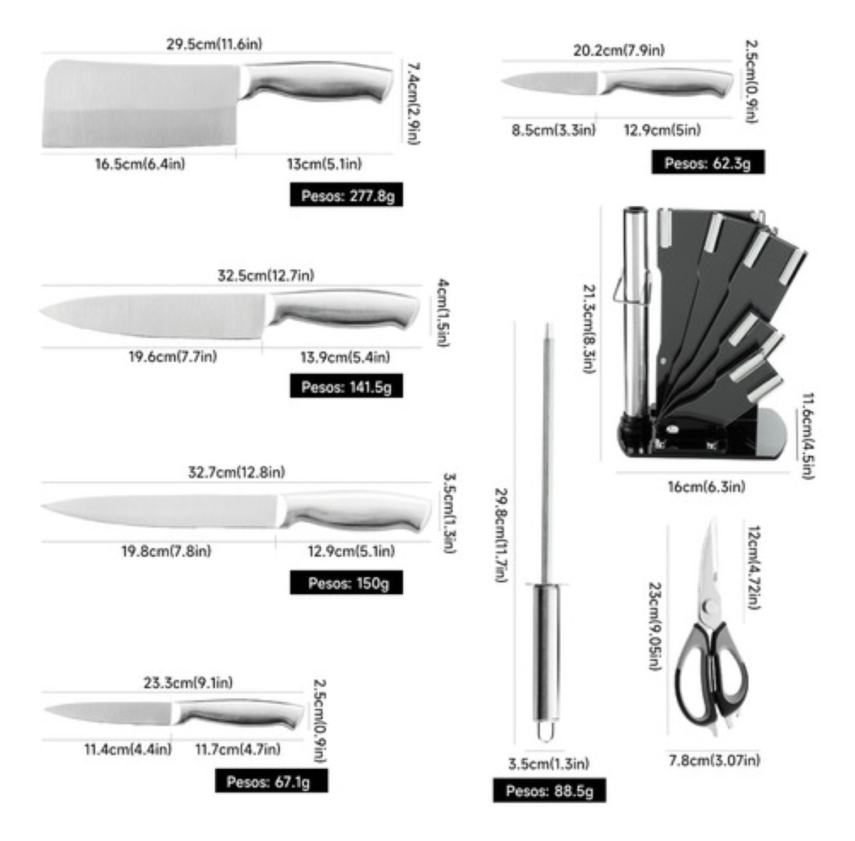"Juego De Cuchillos De Cocina Profesional 8 Piezas Con Base plata ".