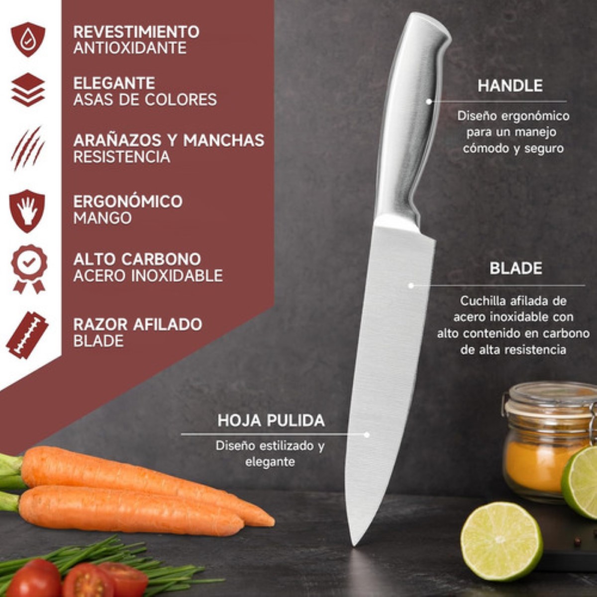 "Juego De Cuchillos De Cocina Profesional 8 Piezas Con Base plata ".