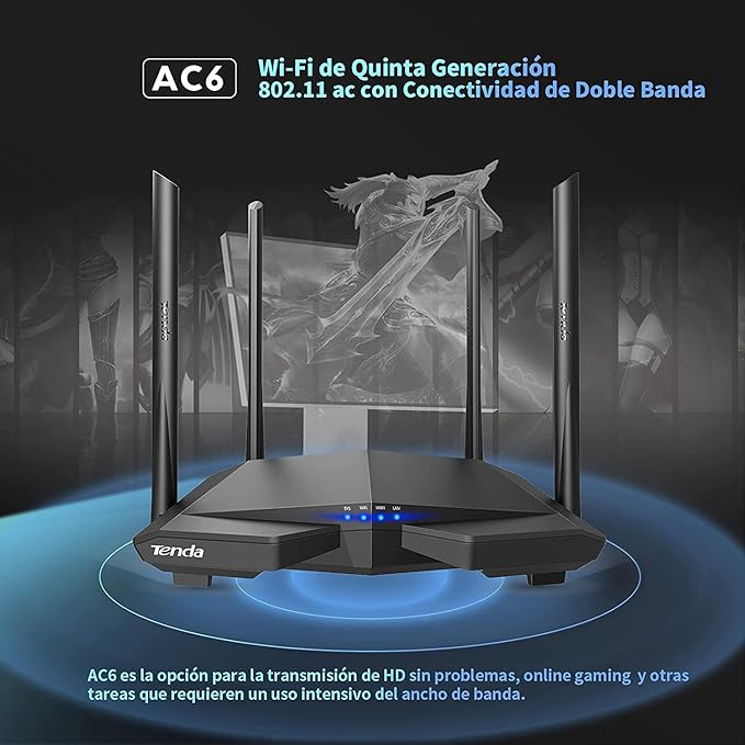 Tenda AC6 WiFi Router Inalámbrico Inteligente, Enrutador AC1200, Doble Banda de 2.4G y 5G, 4 Antenas Externas de 5dBi, MU-MIMO, Beamforming, Ahorro de Energía, Configuración Fácil, Negro.