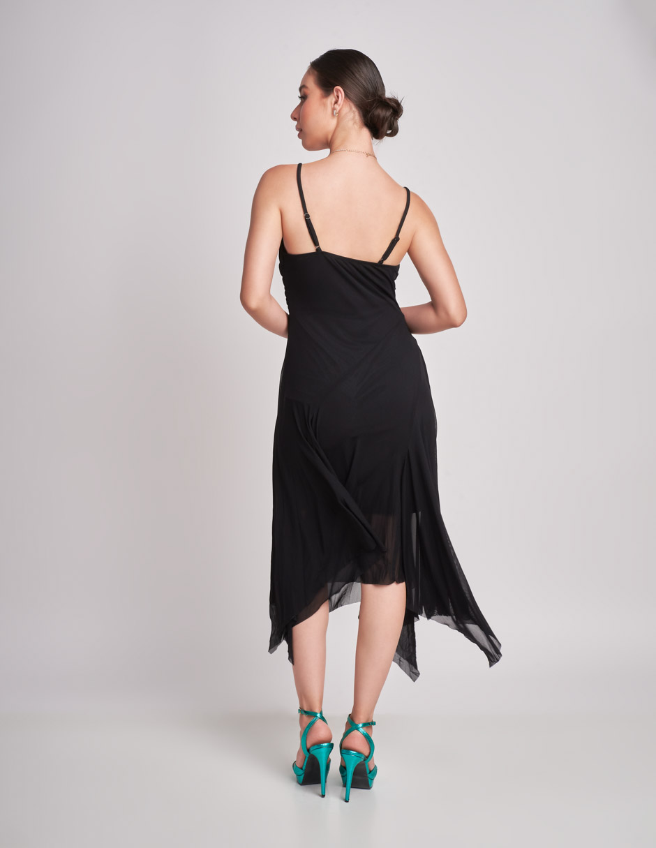Vestido Negro Midi: Sutilmente Sensual con Tela Mesh y Forro