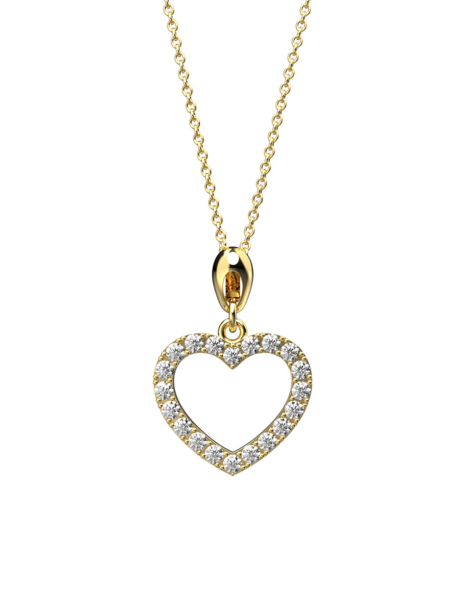 Collar Corazon Hueco Baño de Oro 14K Zirconia Swarosvki.
