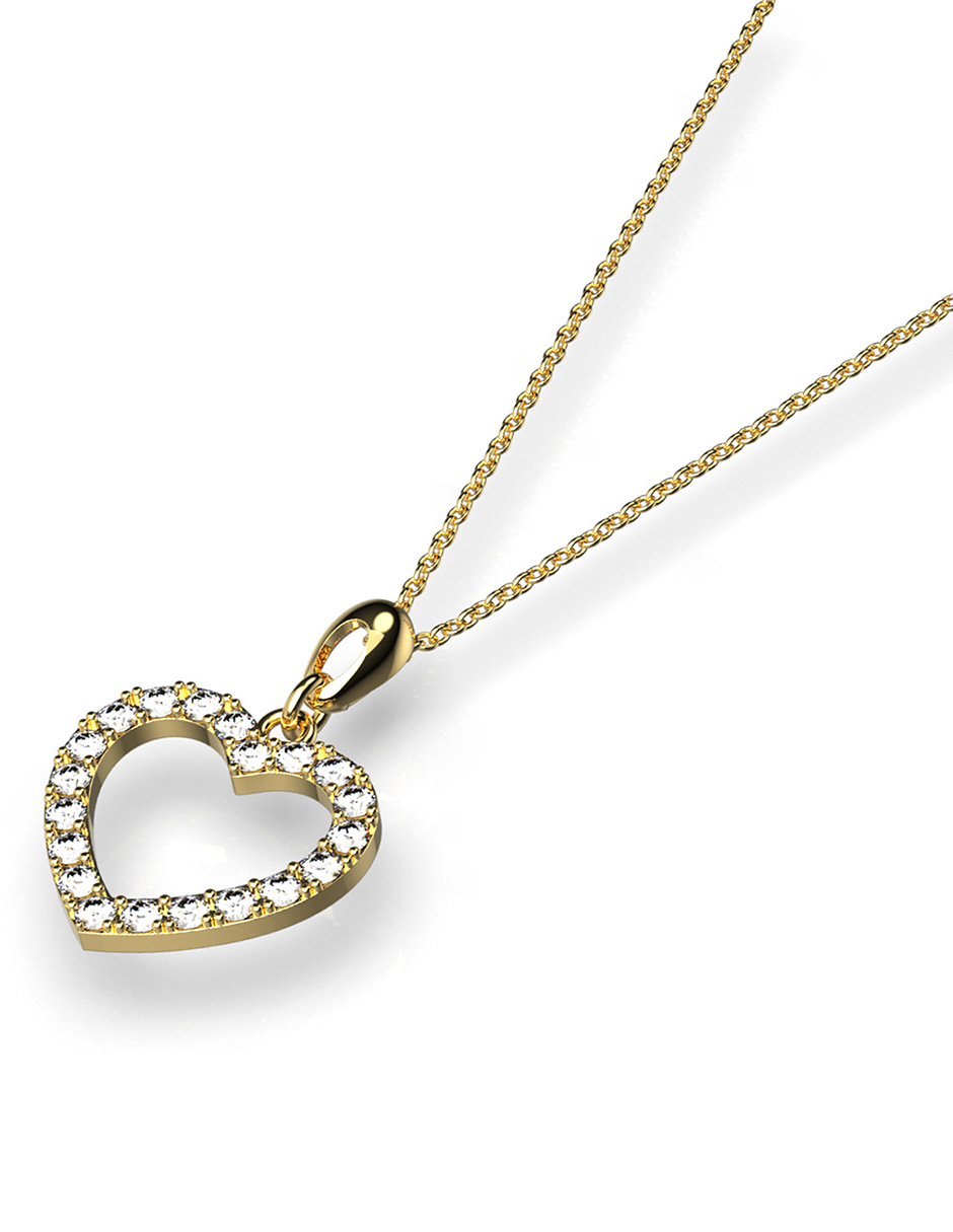 Collar Corazon Hueco Baño de Oro 14K Zirconia Swarosvki.