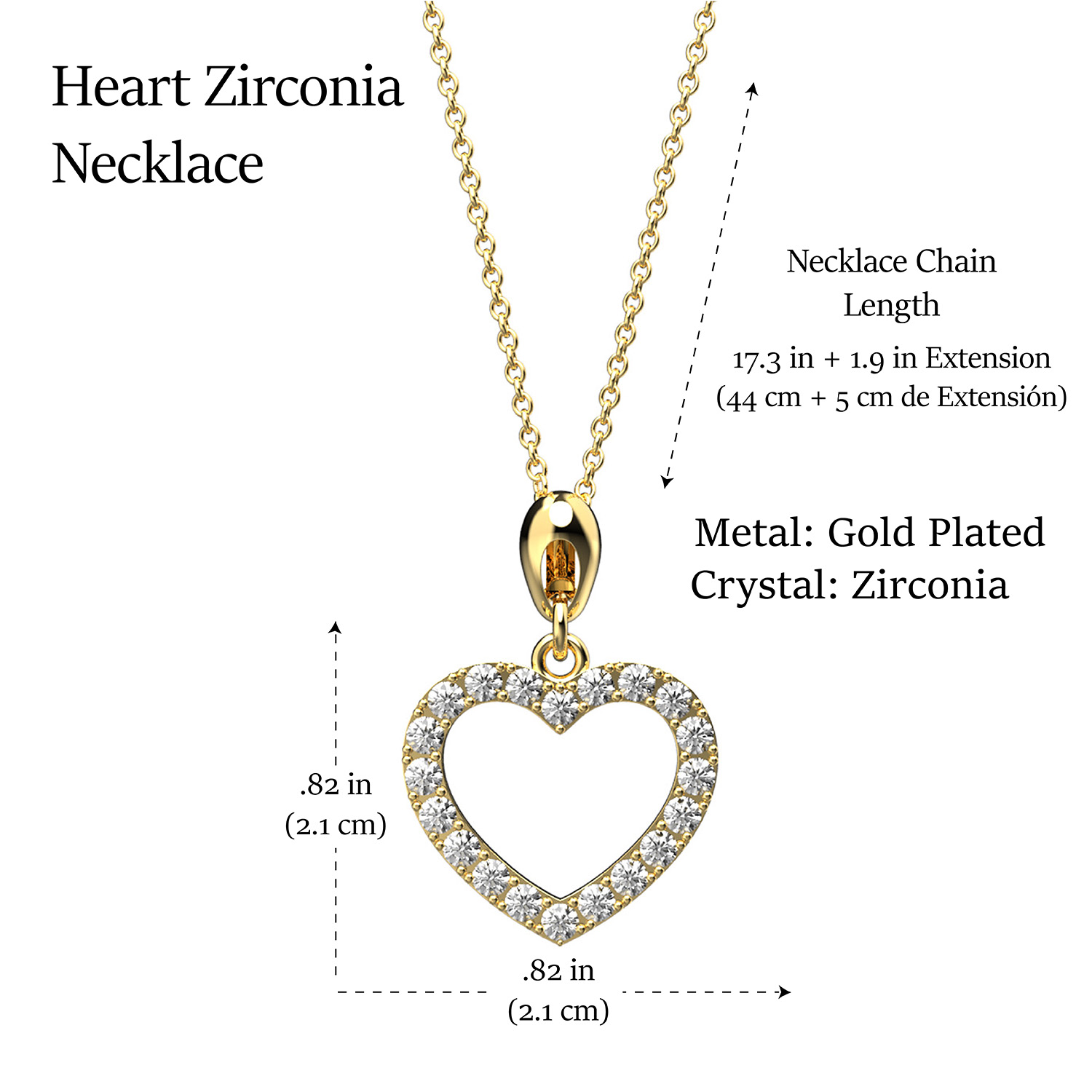 Collar Corazon Hueco Baño de Oro 14K Zirconia Swarosvki.