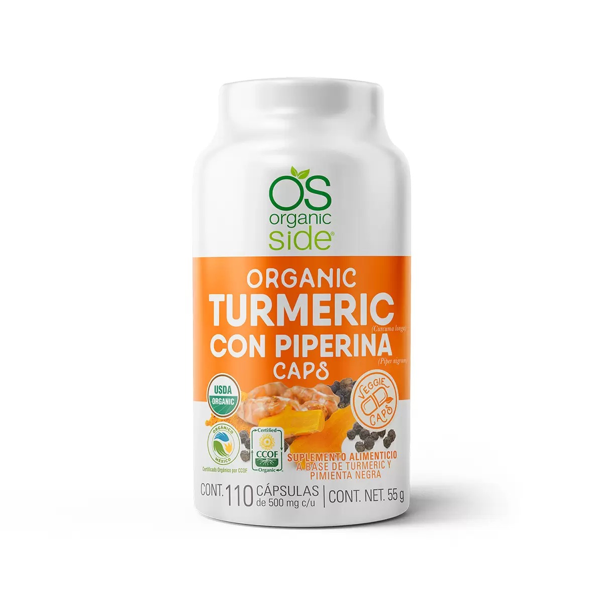 Organic Side Turmeric con Piperina 110 Cápsulas.