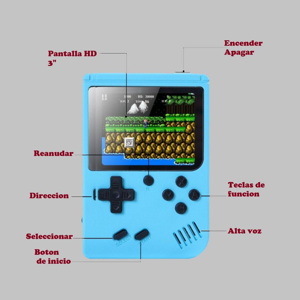 Mini consola portátil retro videojuegos color azul LCD 3" 500 juegos recargable usb gamer portatil.