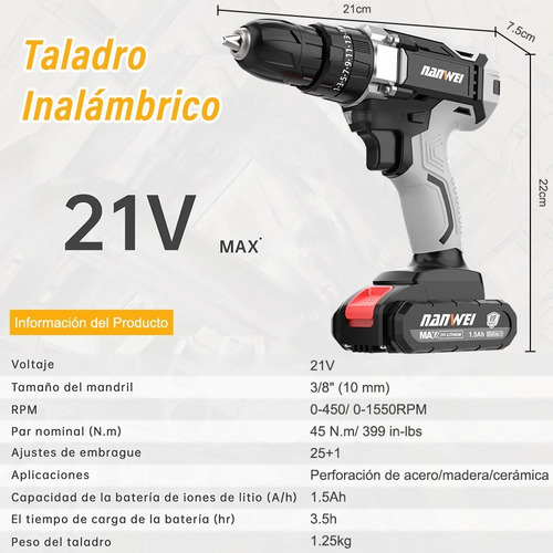 Taladro Atornillador Inalambrico Nanwei 2bateria D Litio 21v Color Gris