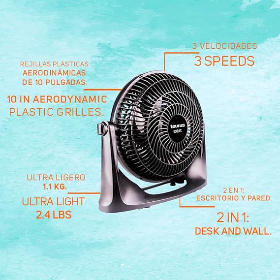 TAURUS OASIS | Ventilador de Escritorio 10 Pul. | 2 en 1: Mesa y Pared| 30% Mas Flujo de Aire y Menos Ruido| Ventilador Portatil| Empotrable en Pared| ECOJET.