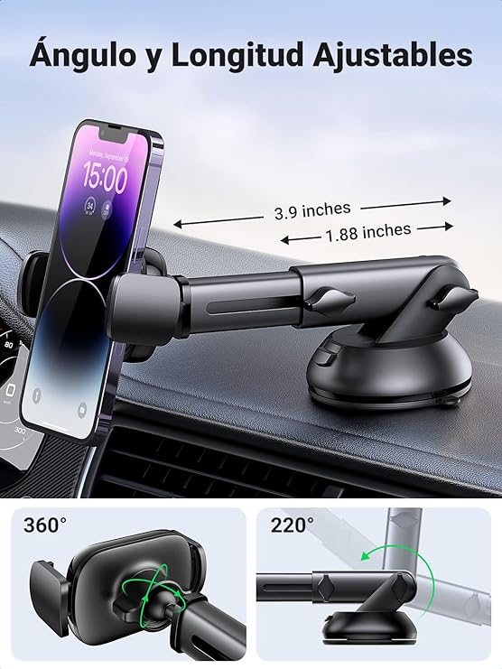 UGREEN Soporte Celular Auto, Base Porta Celular para Automóvil Tablero y Parabrisas, Car Phone Holder Ventosa Carro para iPhone 15 14 13 12 Pro MAX Plus, Galaxy S24 S23 S22 Ultra, Xiaomi Redmi, Negro.
