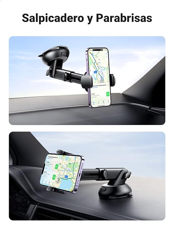 UGREEN Soporte Celular Auto, Base Porta Celular para Automóvil Tablero y Parabrisas, Car Phone Holder Ventosa Carro para iPhone 15 14 13 12 Pro MAX Plus, Galaxy S24 S23 S22 Ultra, Xiaomi Redmi, Negro.