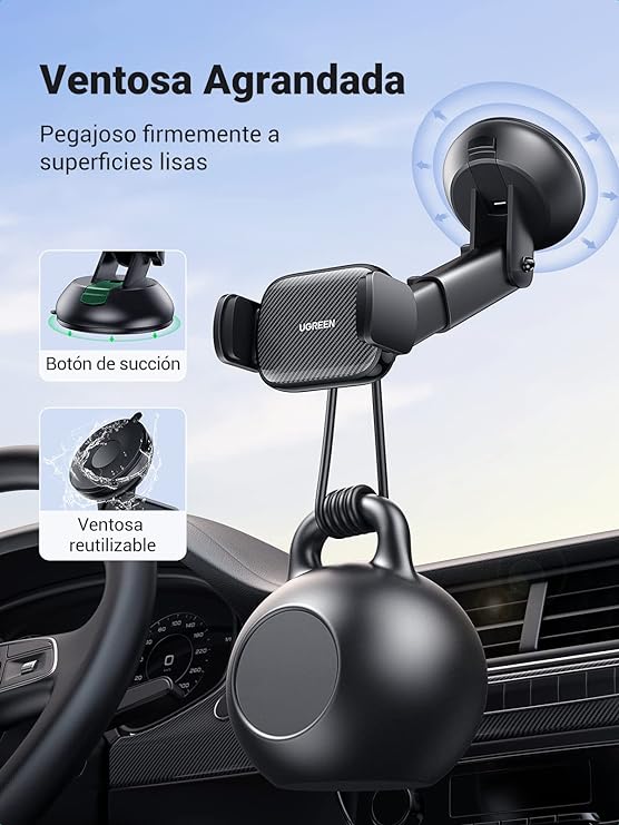 UGREEN Soporte Celular Auto, Base Porta Celular para Automóvil Tablero y Parabrisas, Car Phone Holder Ventosa Carro para iPhone 15 14 13 12 Pro MAX Plus, Galaxy S24 S23 S22 Ultra, Xiaomi Redmi, Negro.