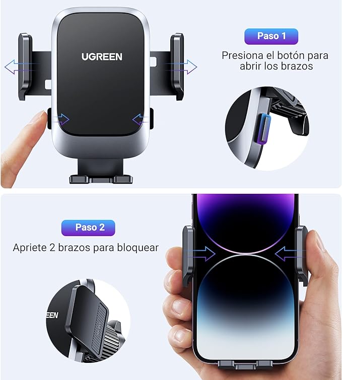 UGREEN Soporte Celular Automóvil, Base Porta Móvil Auto Giratorio 360° con Gancho Metálico y Botón de Liberación, Uso con Una Sola Mano para iPhone 15 14 13 12 Pro MAX, Galaxy S24 S23 S22 Ultra, Redmi.