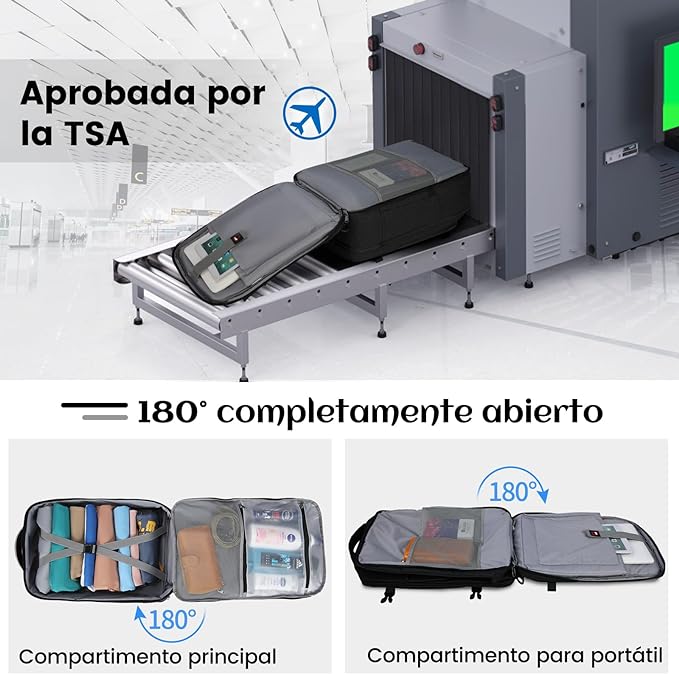 Mochila de viaje 40L, mochilas para hombre impermeable con bolsillo impermeable, mochila para laptop 17 pulgadas, mochilas de aprobada por la TSA, Trabajo, Negro, Gris.