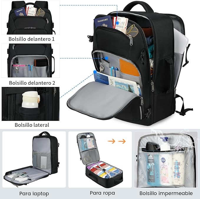 Mochila de viaje 40L, mochilas para hombre impermeable con bolsillo impermeable, mochila para laptop 17 pulgadas, mochilas de aprobada por la TSA, Trabajo, Negro, Gris.