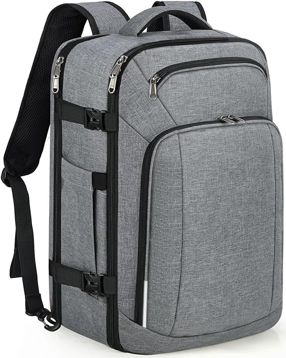 A Mochila de viaje 40L, mochilas para hombre impermeable con bolsillo impermeable, mochila para laptop 17 pulgadas, mochilas de aprobada por la TSA, Trabajo, Negro, Gris
