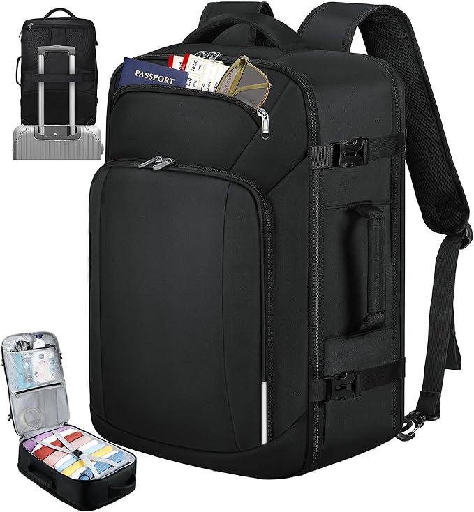 Mochila de viaje 40L, mochilas para hombre impermeable con bolsillo impermeable, mochila para laptop 17 pulgadas, mochilas de aprobada por la TSA, Trabajo, Negro, Gris