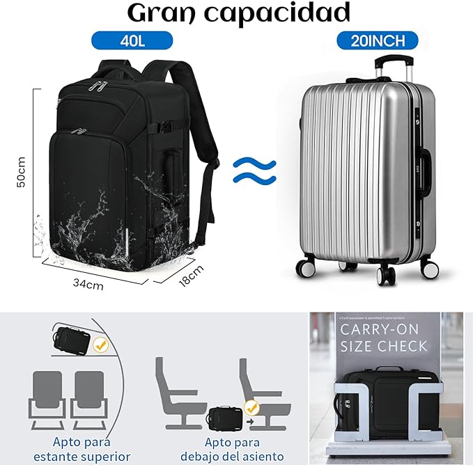 Mochila de viaje 40L, mochilas para hombre impermeable con bolsillo impermeable, mochila para laptop 17 pulgadas, mochilas de aprobada por la TSA, Trabajo, Negro, Gris.
