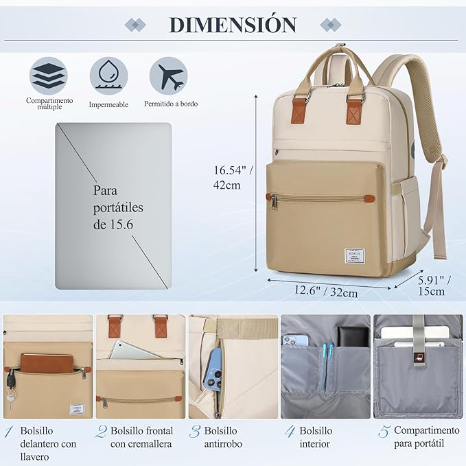 A RAINSMORE Mochilas para Mujer Mochila para Laptop Mochila de Viaje Mochila para Portátil de 15.6 Pulgadas Backpack Ligera Mochilas Laptop Caqui.