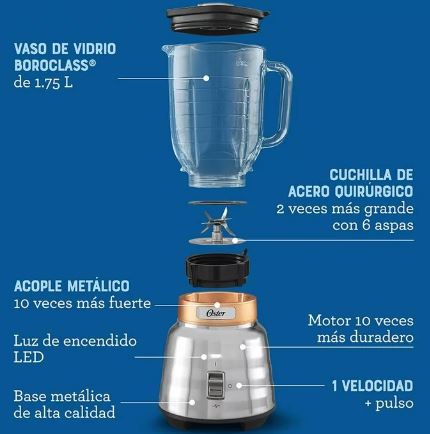 Licuadora Oster 1 Velocidad + Pulso 2 Caballos de Fuerza Plata