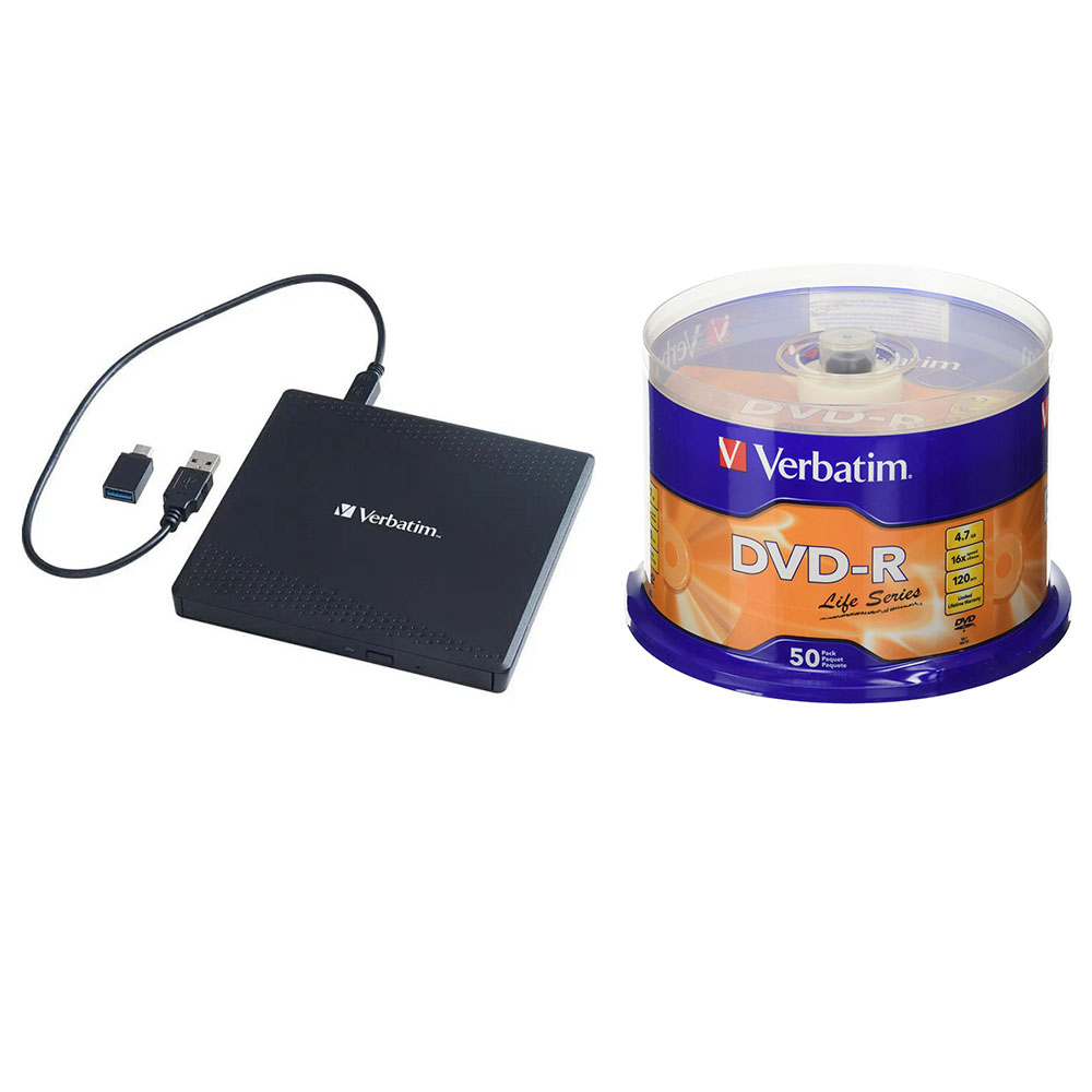 Paquete Verbatim de Grabador de DVD Externo + Campana de 50 DVD Virgen.