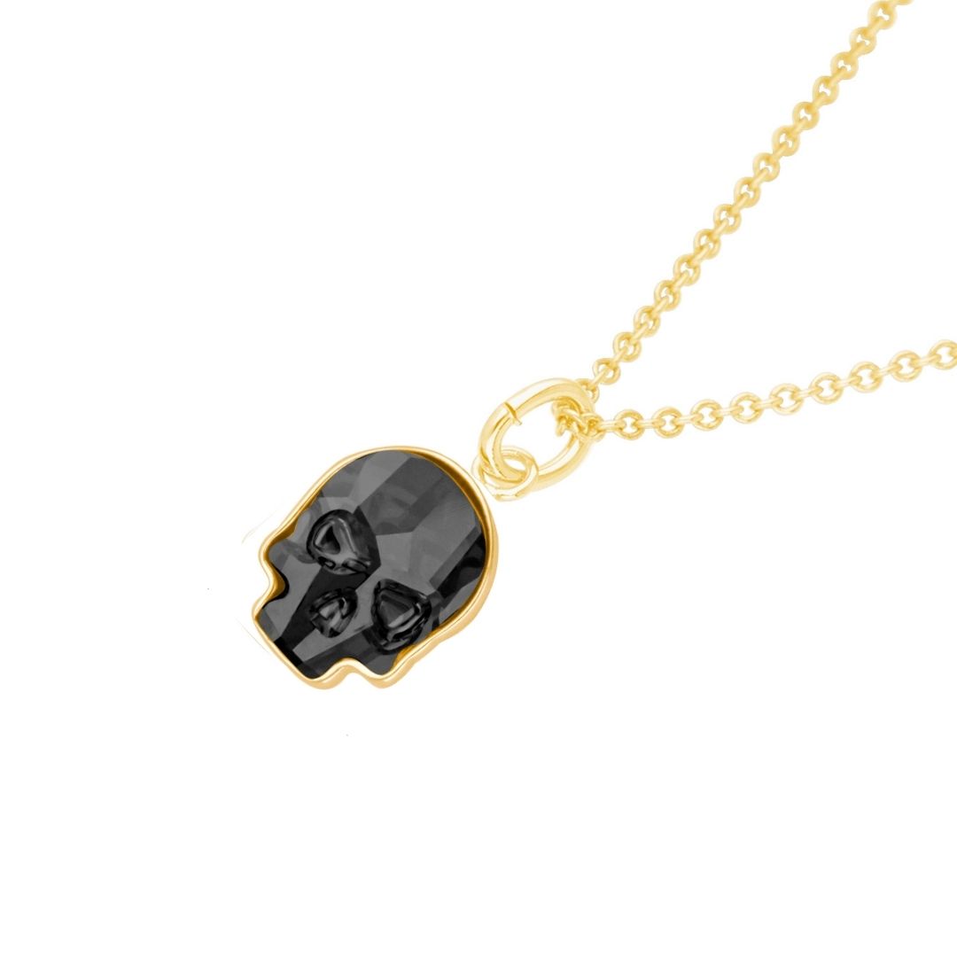 Collar Calavera Baño de Oro 14K | Cristal Swarovski Negro.