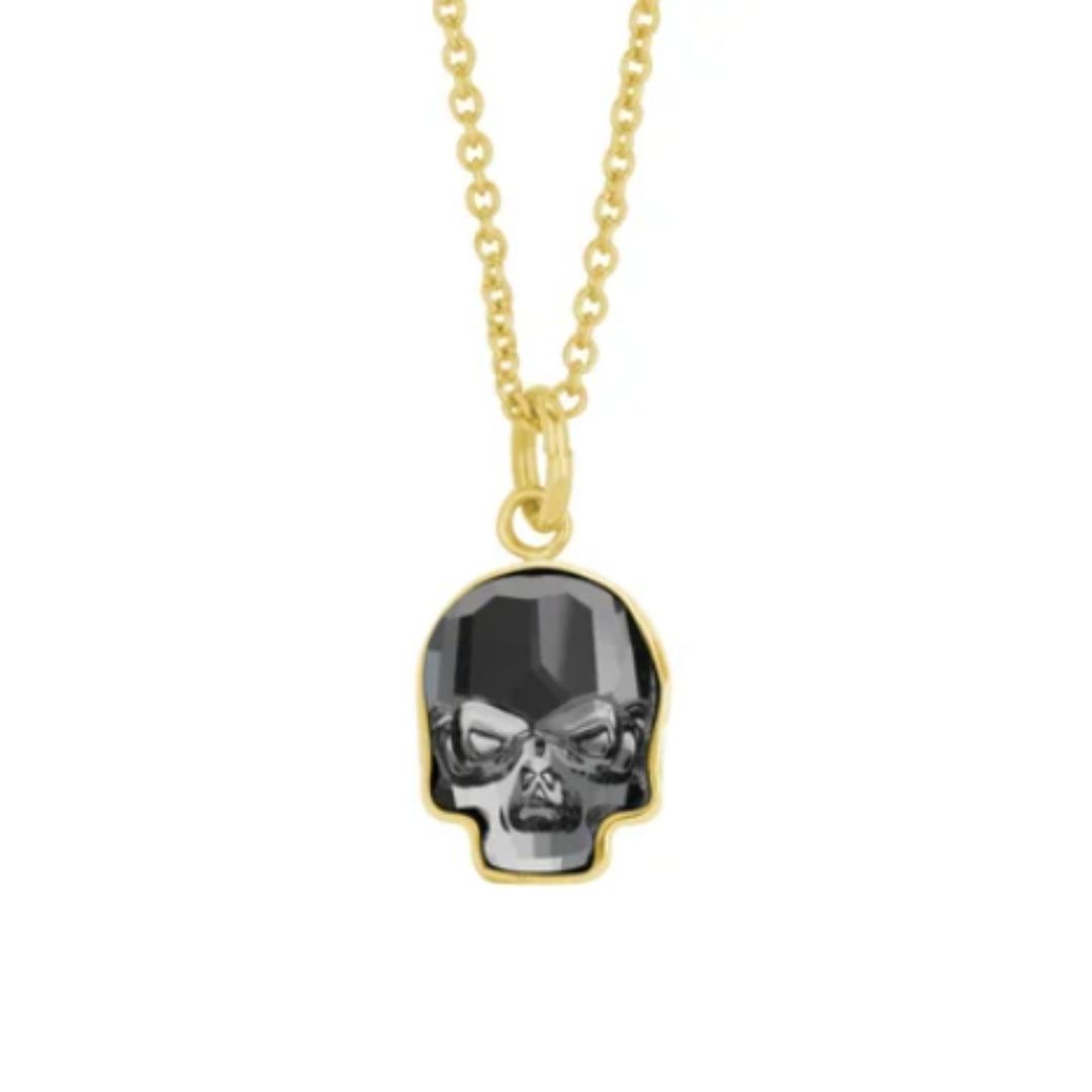 Collar Calavera Baño de Oro 14K | Cristal Swarovski Negro.