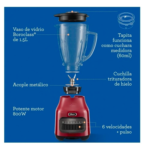 Licuadora Oster con Vaso de Vidrio y 6 velocidades más pulso Roja.