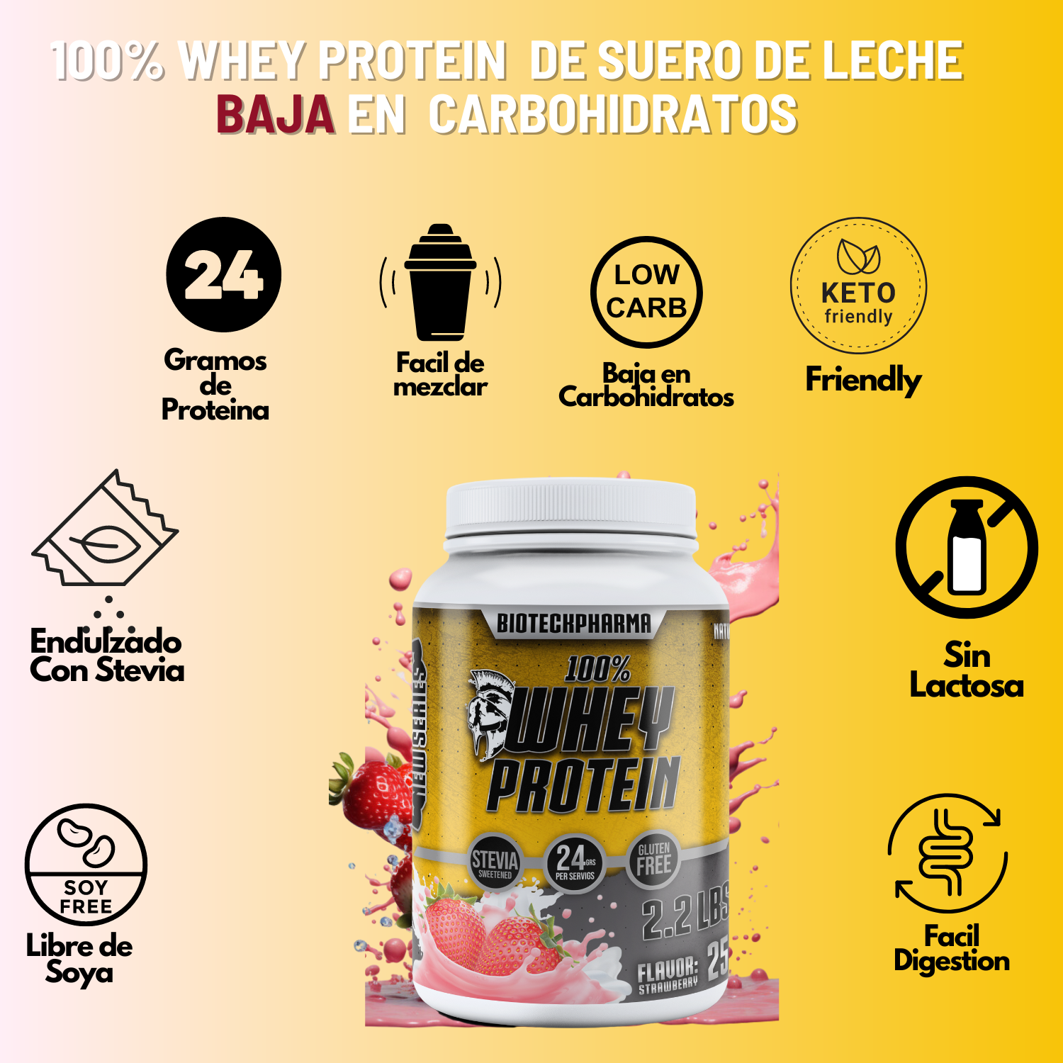 BIOTECKPHARMA| 100% Whey Protein Sabor Fresa 2.20 lbs | 1000 grs.	