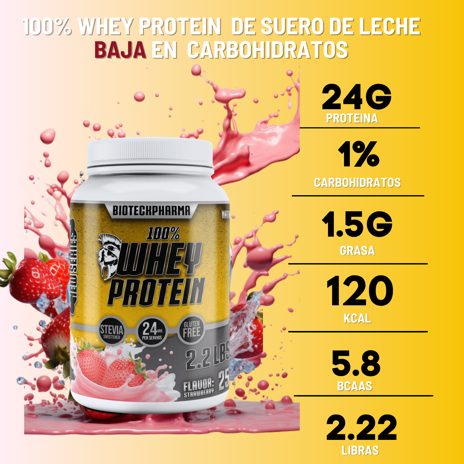 BIOTECKPHARMA| 100% Whey Protein Sabor Fresa 2.20 lbs | 1000 grs.	