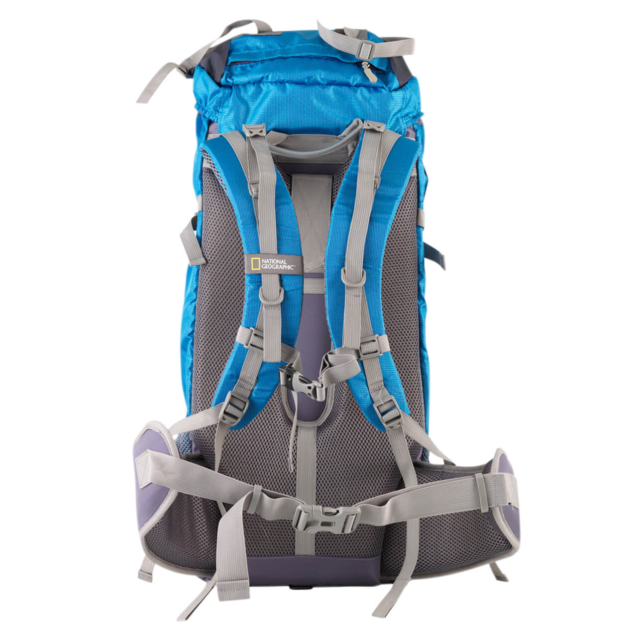 Mochila para montaña Nat Geo, Everglades 50 L con silbato negro S.O.S., MNG8501, azul.