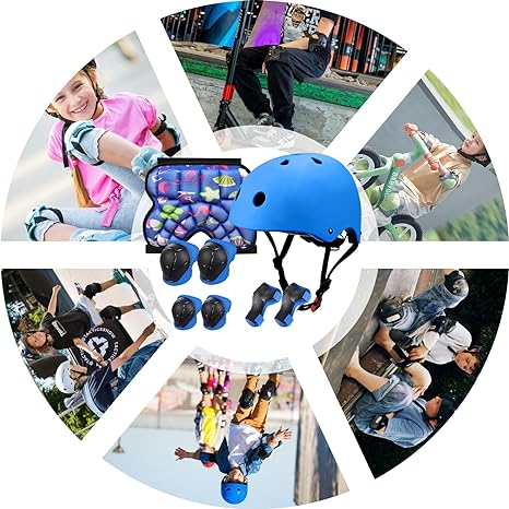 DGGTW Equipo de Protección con Casco Bicicleta,Rodilleras Patinaje,Almohadilla Glútea,Coderas y Protectores,para Skate Ciclismo Patinaje y Otros Deportes Extremos(Azul).