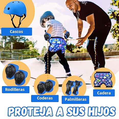 DGGTW Equipo de Protección con Casco Bicicleta,Rodilleras Patinaje,Almohadilla Glútea,Coderas y Protectores,para Skate Ciclismo Patinaje y Otros Deportes Extremos(Azul).