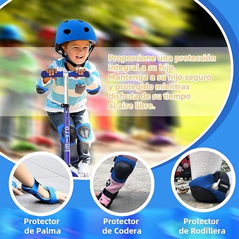 DGGTW Equipo de Protección con Casco Bicicleta,Rodilleras Patinaje,Almohadilla Glútea,Coderas y Protectores,para Skate Ciclismo Patinaje y Otros Deportes Extremos(Azul).