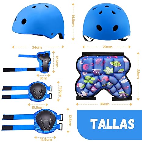 DGGTW Equipo de Protección con Casco Bicicleta,Rodilleras Patinaje,Almohadilla Glútea,Coderas y Protectores,para Skate Ciclismo Patinaje y Otros Deportes Extremos(Azul).