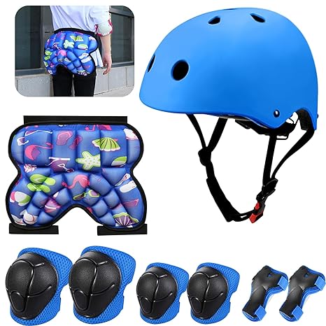 DGGTW Equipo de Protección con Casco Bicicleta,Rodilleras Patinaje,Almohadilla Glútea,Coderas y Protectores,para Skate Ciclismo Patinaje y Otros Deportes Extremos(Azul).