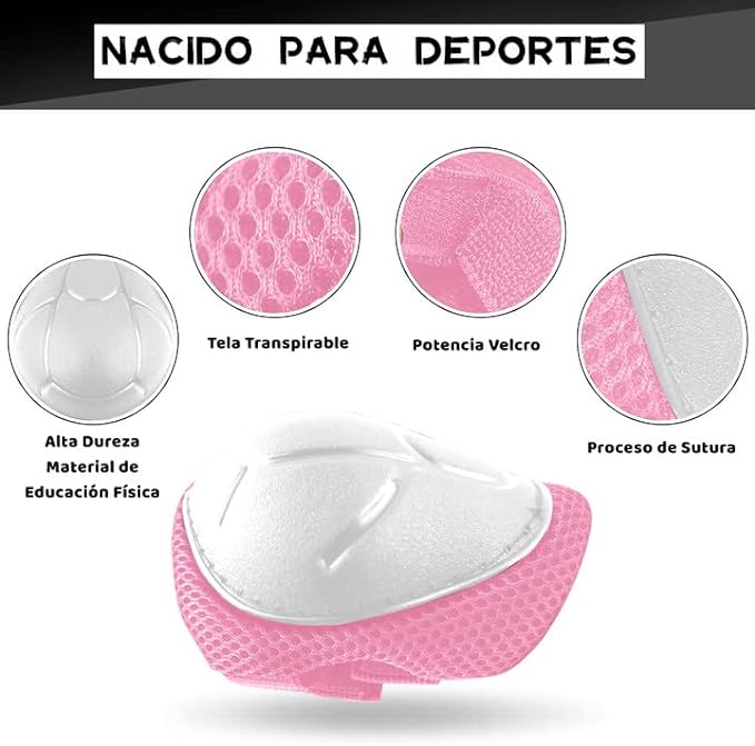 Protecciones Patines Para Bicicleta Niño, Niños Ciclismo Rodillo Patinaje Rodilla, Rodilleras + Muñequeras + Casco de Patinaje de Niños – Rosa/Tamaño Ajustable (50-60CM), Apto Para Monopatín, Ciclismo, Mini Bike Riding Y Otros Deportes Extremos.