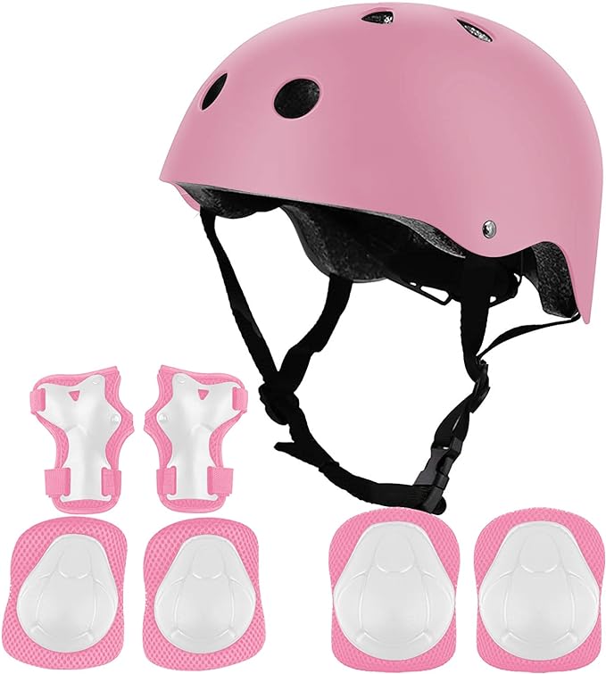 Protecciones Patines Para Bicicleta Niño, Niños Ciclismo Rodillo Patinaje Rodilla, Rodilleras + Muñequeras + Casco de Patinaje de Niños – Rosa/Tamaño Ajustable (50-60CM), Apto Para Monopatín, Ciclismo, Mini Bike Riding Y Otros Deportes Extremos.