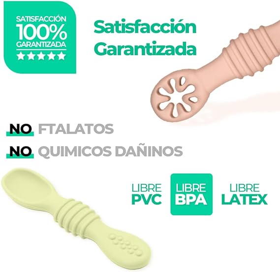 uunida baby 4 Cucharas para Bebe Suaves de Silicona Libre de BPA - 2 en 1 Cuchara y Mordedera para Bebe - Kit de Alimentacion Complementaria Bebe - Precucharas para Bebe (BLW) (2 Pre y 2 Cucharas).