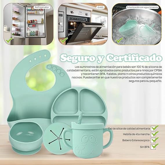 QILAY 10 pzas baby Platos Vajilla Silicona，Sin BPA Set de Alimentación para Bebé para Bebe Antivuelco，Incluye Cucharas para Bebe，Baberos para Bebe，Kit de Alimentacion Complementaria Bebe (verde menta).