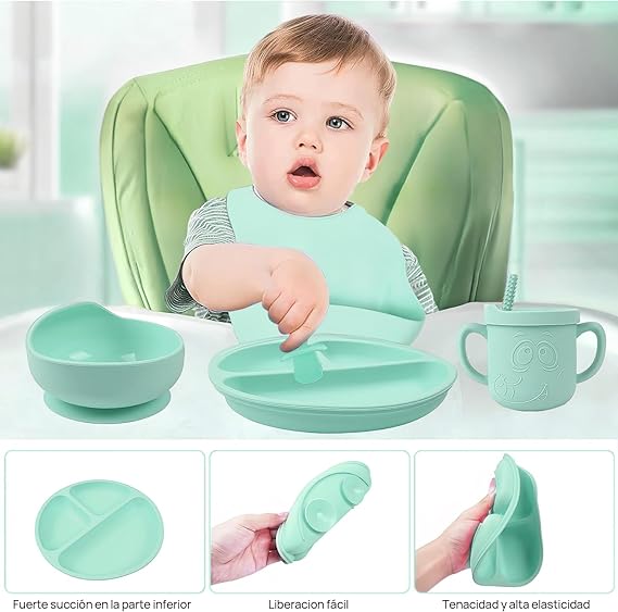 QILAY 10 pzas baby Platos Vajilla Silicona，Sin BPA Set de Alimentación para Bebé para Bebe Antivuelco，Incluye Cucharas para Bebe，Baberos para Bebe，Kit de Alimentacion Complementaria Bebe (verde menta).