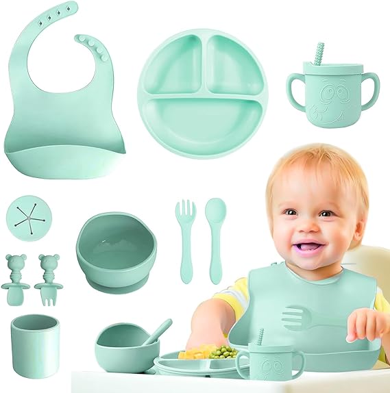 QILAY 10 pzas baby Platos Vajilla Silicona，Sin BPA Set de Alimentación para Bebé para Bebe Antivuelco，Incluye Cucharas para Bebe，Baberos para Bebe，Kit de Alimentacion Complementaria Bebe (verde menta).
