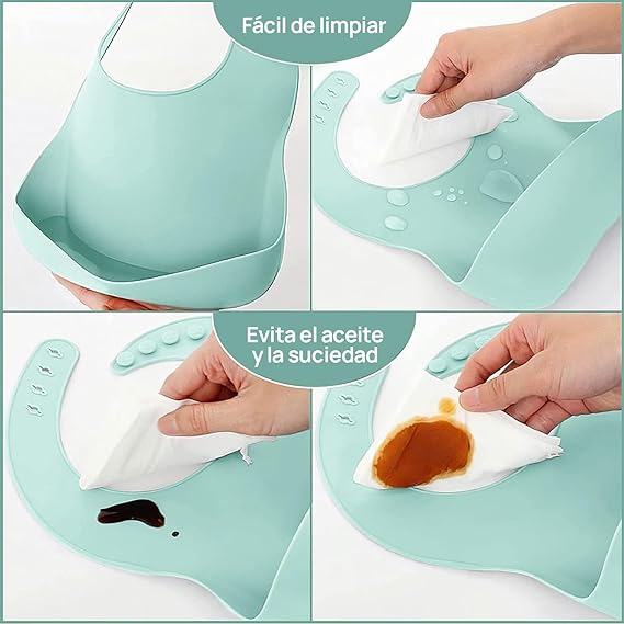 QILAY 10 pzas baby Platos Vajilla Silicona，Sin BPA Set de Alimentación para Bebé para Bebe Antivuelco，Incluye Cucharas para Bebe，Baberos para Bebe，Kit de Alimentacion Complementaria Bebe (verde menta).