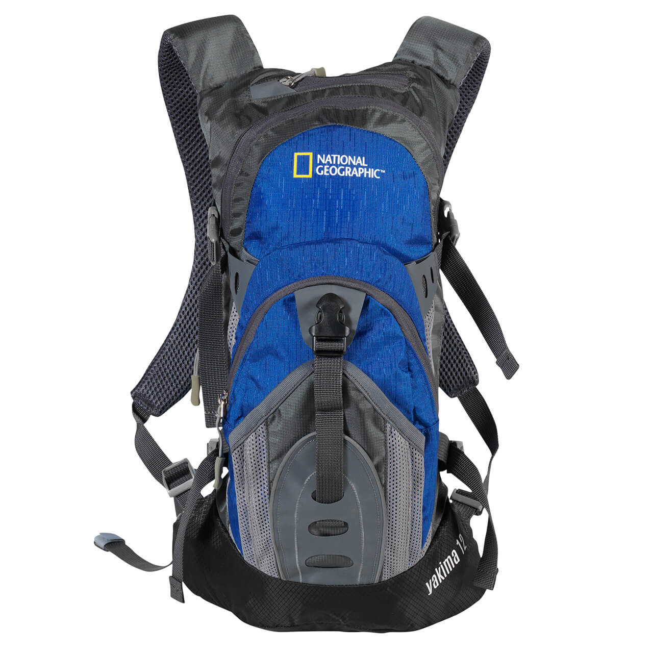Mochila de hidratación Nat Geo, Yakima 12 L con silbato negro S.O.S., HNG1121, azul con gris.