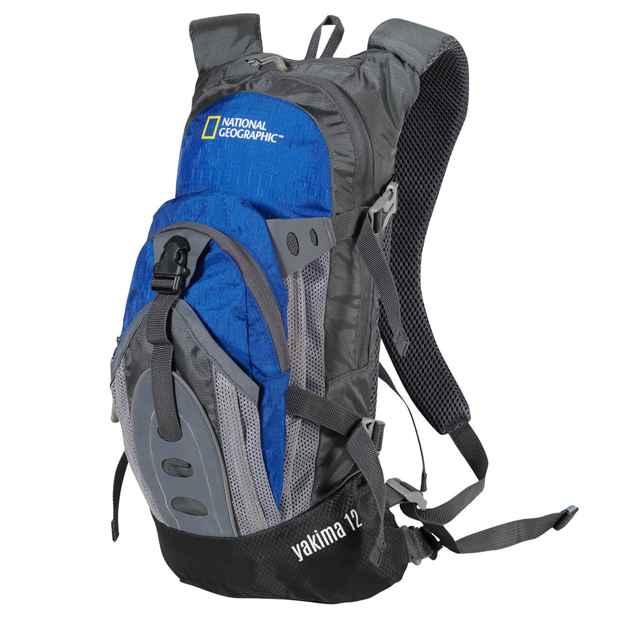Mochila de hidratación Nat Geo, Yakima 12 L con silbato negro S.O.S., HNG1121, azul con gris.