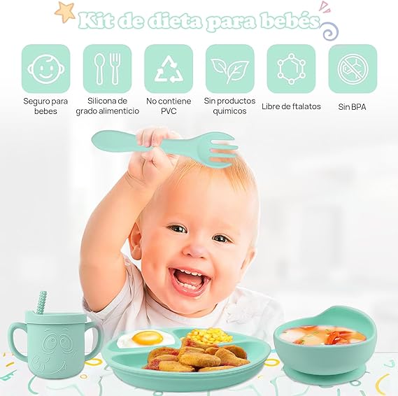 QILAY 10 pzas baby Platos Vajilla Silicona，Sin BPA Set de Alimentación para Bebé para Bebe Antivuelco，Incluye Cucharas para Bebe，Baberos para Bebe，Kit de Alimentacion Complementaria Bebe (verde menta).