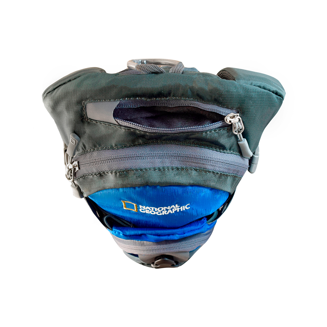 Mochila de hidratación Nat Geo, Yakima 12 L con silbato negro S.O.S., HNG1121, azul con gris.