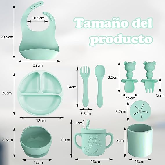 QILAY 10 pzas baby Platos Vajilla Silicona，Sin BPA Set de Alimentación para Bebé para Bebe Antivuelco，Incluye Cucharas para Bebe，Baberos para Bebe，Kit de Alimentacion Complementaria Bebe (verde menta).