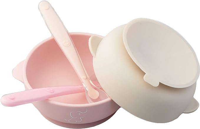 PAPU BABY Set de 2 tazones/bowl/plato y cuchara de Silicón 100% grado alimenticio con base de succión. Libre de BPA (Rosa/Beige).