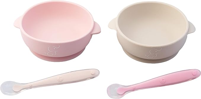 PAPU BABY Set de 2 tazones/bowl/plato y cuchara de Silicón 100% grado alimenticio con base de succión. Libre de BPA (Rosa/Beige).