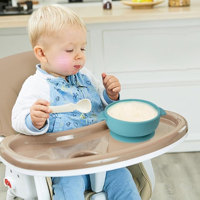 PAPU BABY Set de 2 tazones/bowl/plato y cuchara de Silicón 100% grado alimenticio con base de succión. Libre de BPA (Rosa/Beige).