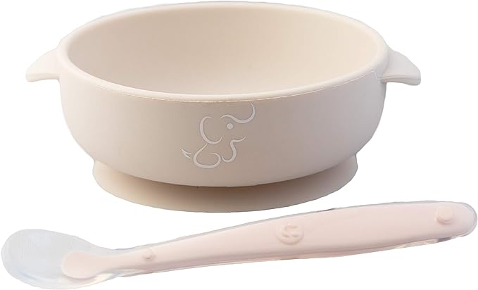 PAPU BABY Set de 2 tazones/bowl/plato y cuchara de Silicón 100% grado alimenticio con base de succión. Libre de BPA (Rosa/Beige).